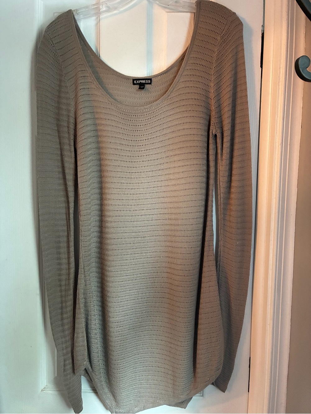 Express Scoop Neck Long Sleeve Eyelet Sweater in Taupe